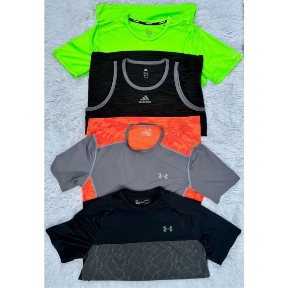 Men’s SZ L 4 PC Dri-FIT Under Armour -Nike Adidas Short Sleeve Shirts - Picture 1 of 10